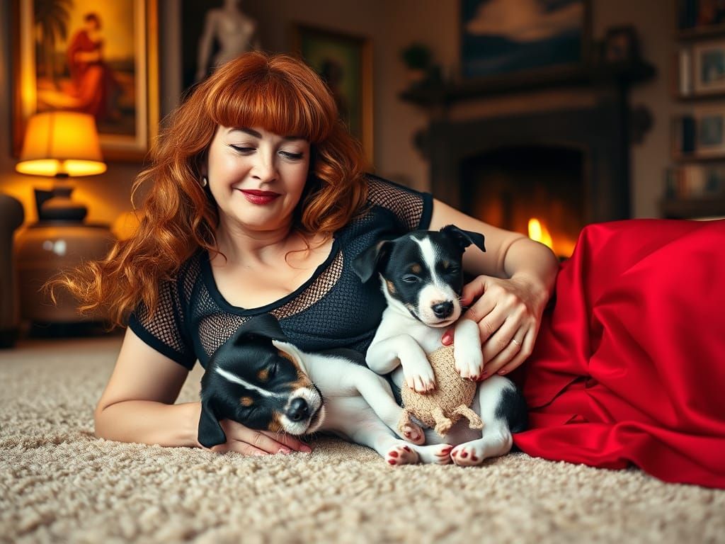 Tranquil Moment with a Lady and Her Sleeping Jack Russell Pu...