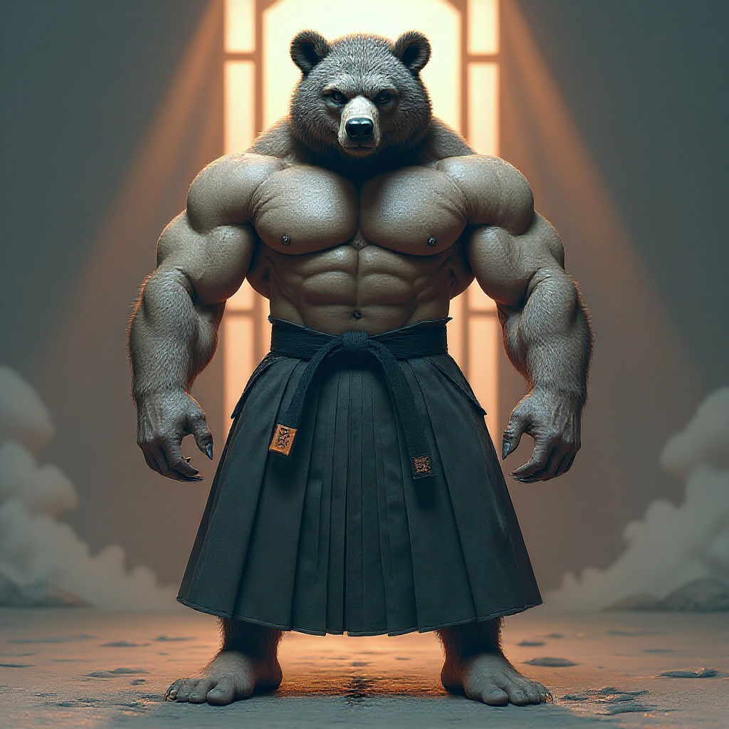 Muscular Aikido Bear Portrait in Hyperdetailed Style