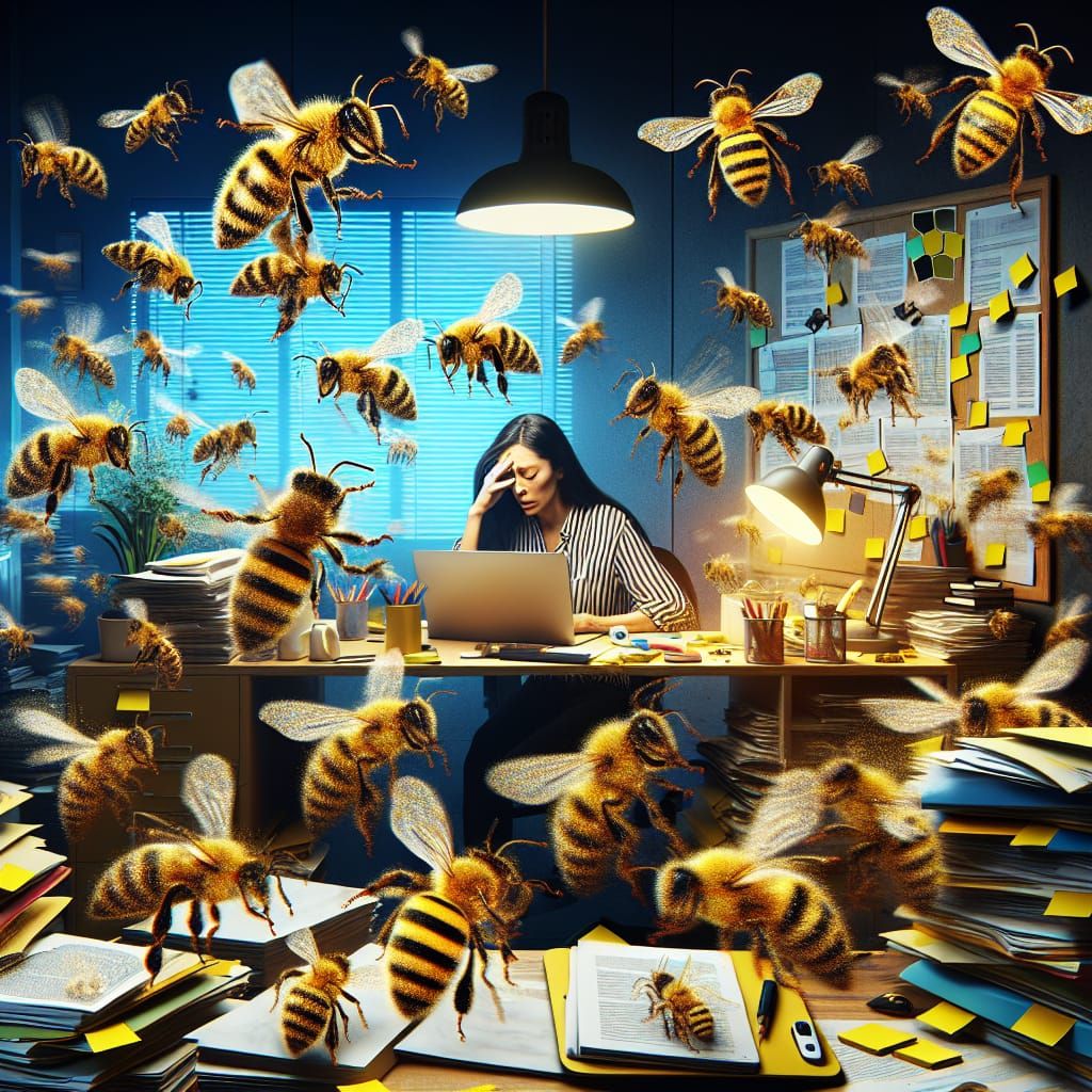 Determined South Asian Woman Overwhelmed by Busy Bees