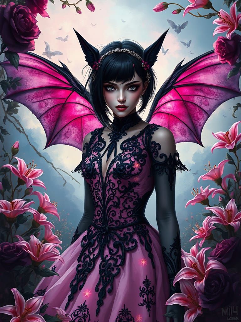 Mystical Woman with Bat Wings in Digital Oil Painting
