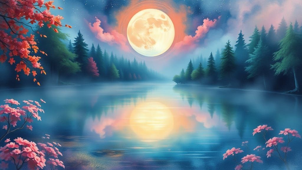 Ethereal Moonscape with Anime-Inspired Watercolor Effects