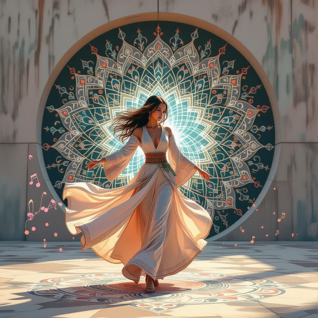 Girl Surrounded by Zentangle Art in Surreal Style