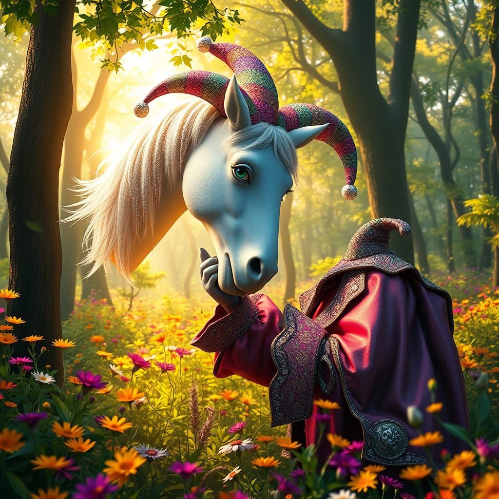 Whimsical Jester Interacts with Majestic Unicorn in Vibrant ...