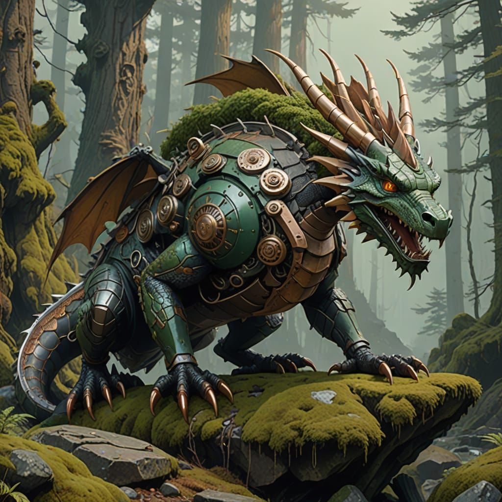 Metalpunk Dragon in Misty Forest