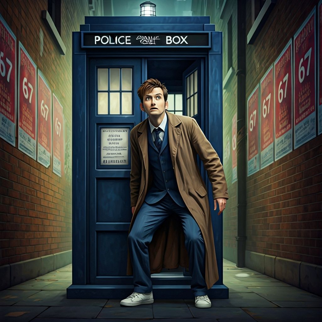 Tenth Doctor Emerges from TARDIS in "67" London Alley