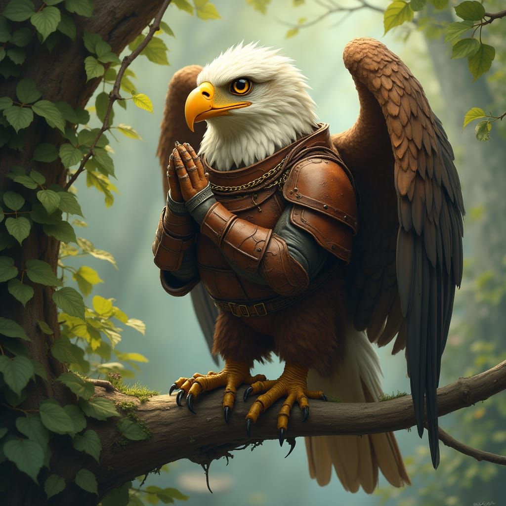 Eagle in Whimsical Armor Prays Amidst Lush Canopy