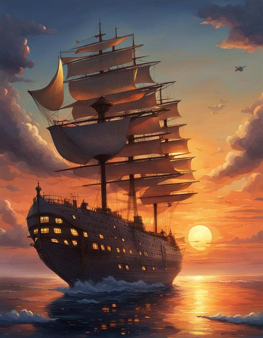 Fantasy Airship at Sunset Over the Sea