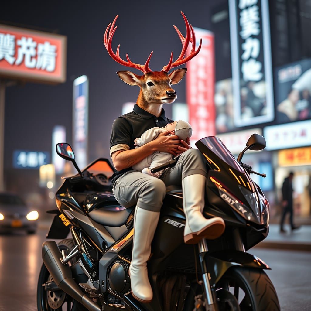 Deer on Motorbike with Neon Antlers
