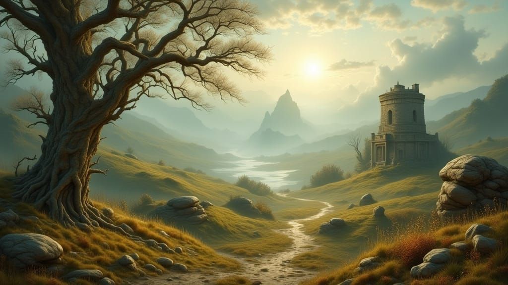 Misty Morning Landscape in a Romantic Oil Painting Style