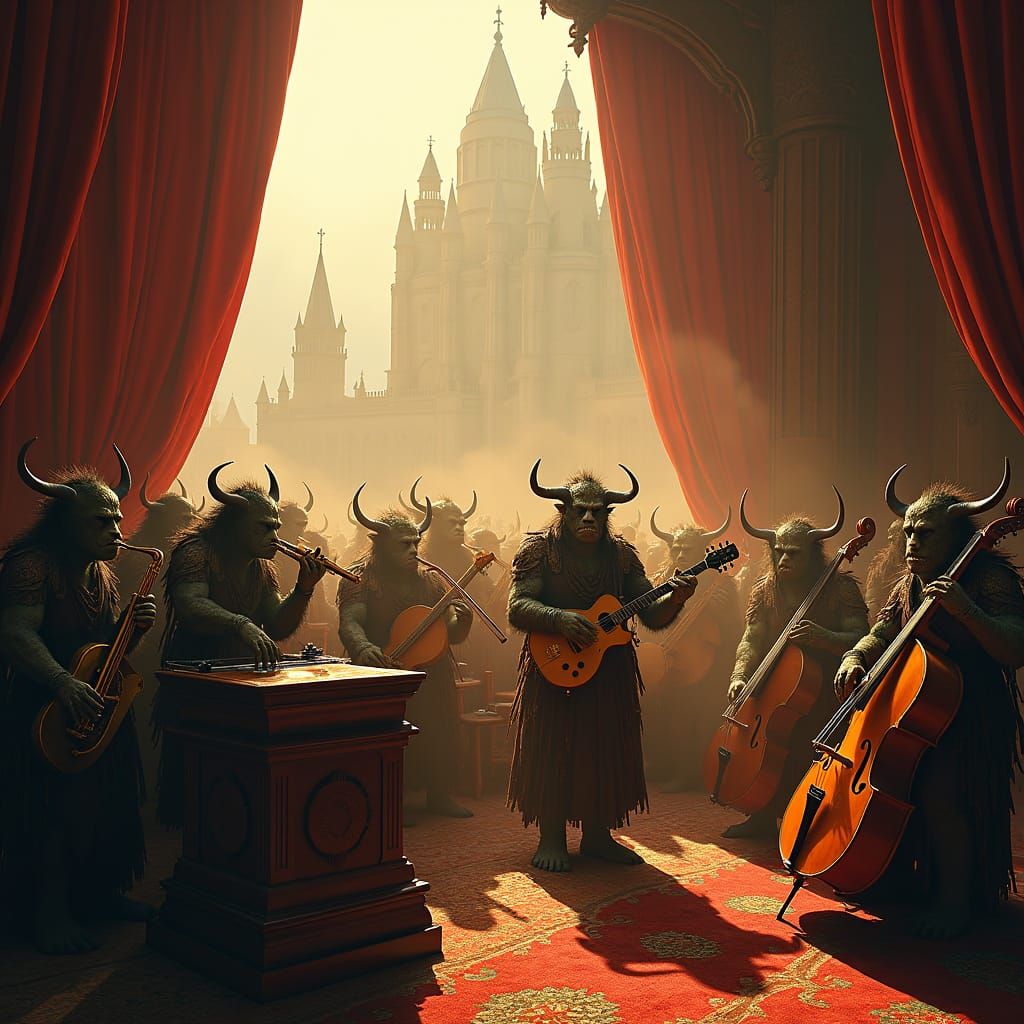 Orcish Big Band Orchestra in Dark Fantasy Cityscape