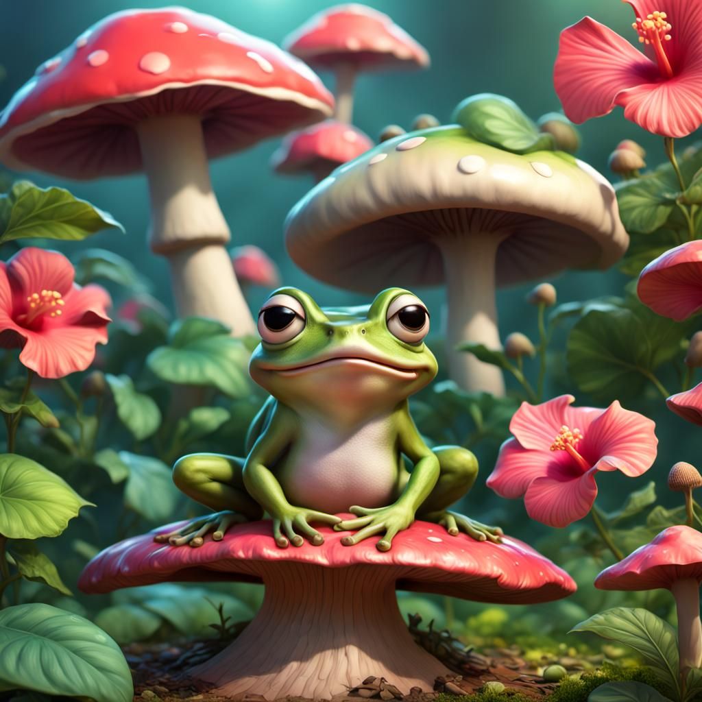 Happy Frog in Hibiscus Garden: 3D Digital Art
