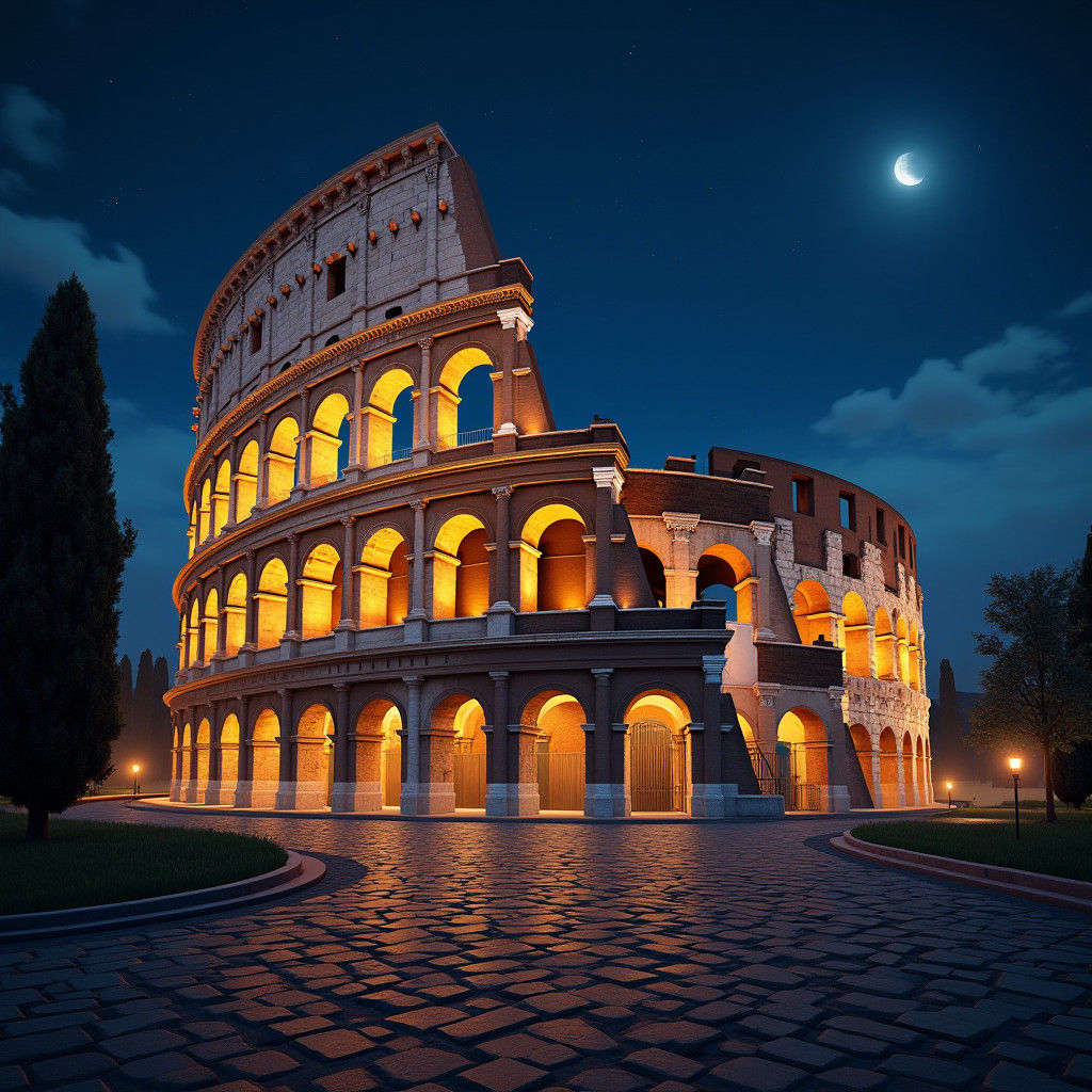 Illuminated Colosseum Night View: Digital Matte Painting