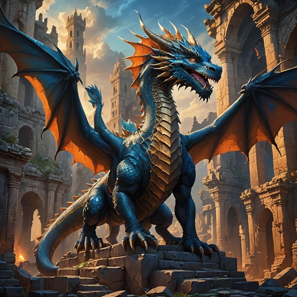 Magnificent Dragon Amidst Ancient Ruins in Fantasy Art