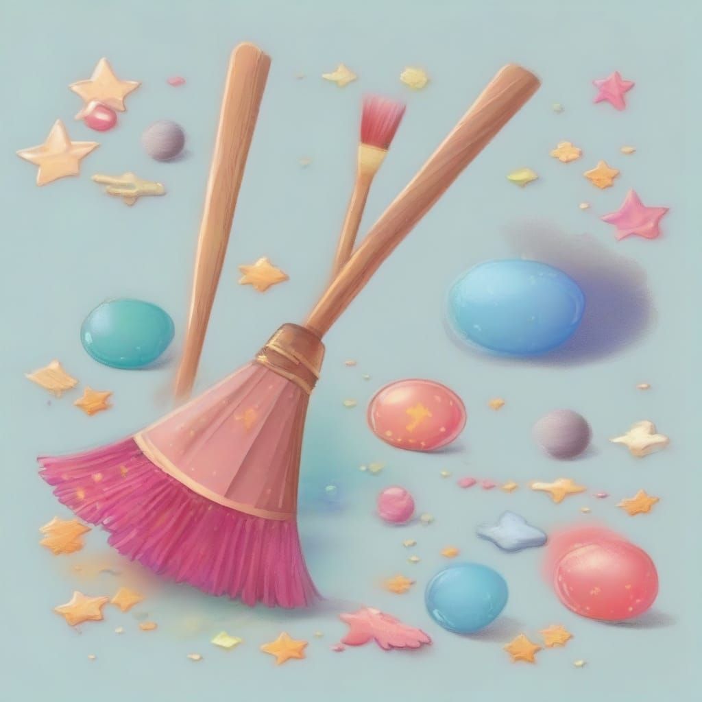 Magical Broom Cleans House in Whimsical Cartoon Style