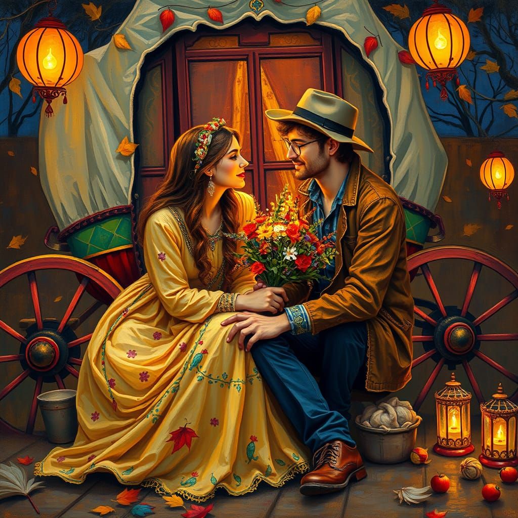 Romantic Gypsy Couple in Autumn, as Impasto Painting