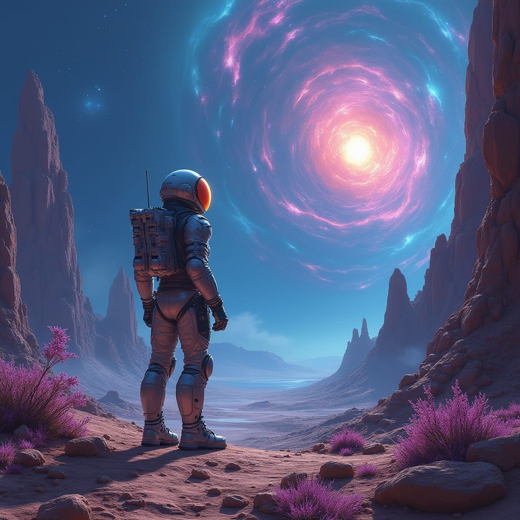 Astronaut on Alien Planet Gazing at Nebula