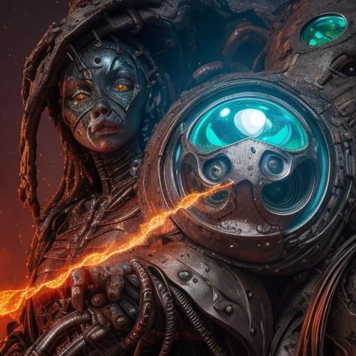 Surreal Metallic Mummy Sculpture with Emerald Eyes