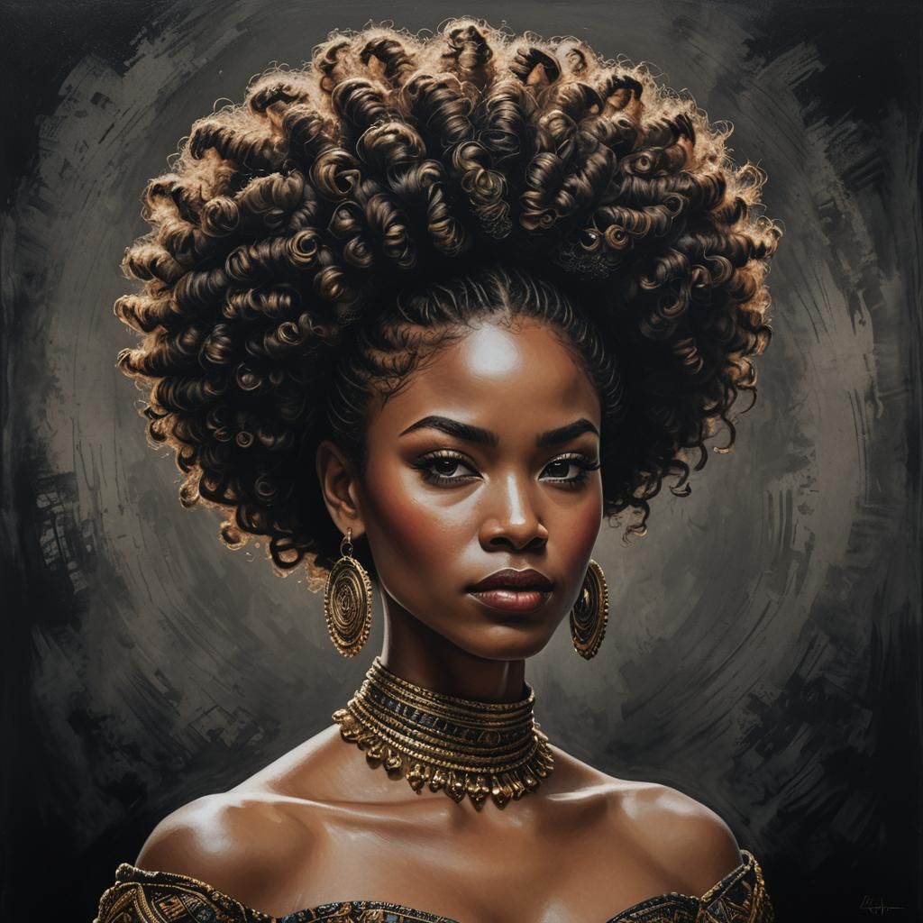 Elaborate Afro Hairstyle Portrait in Detailed Matte Painting