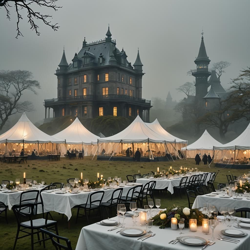 Tents and Pavilion on Moor in Fog