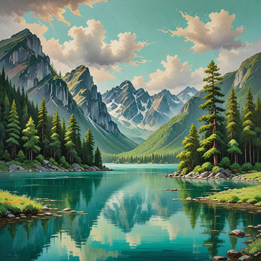 Idyllic Landscape Painting: Jade Mountains Reflecting in Aqu...