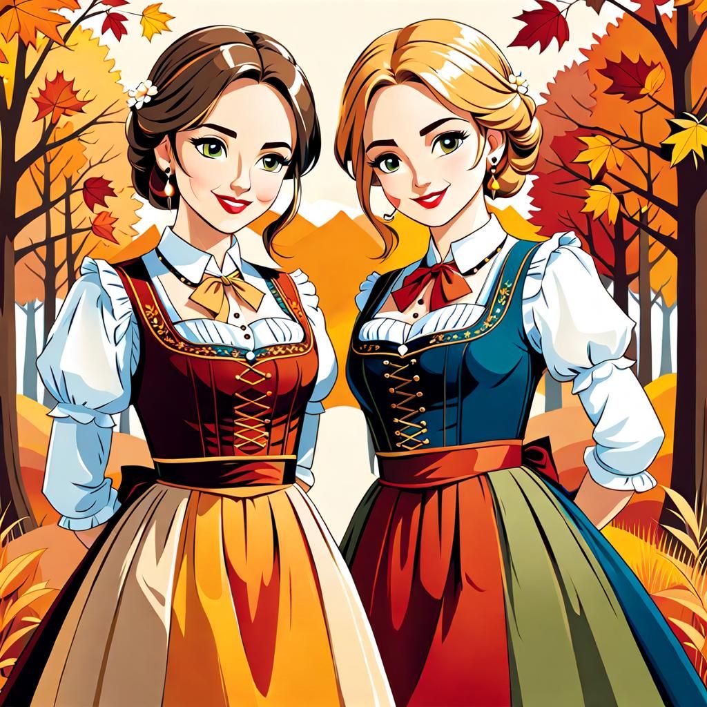 Bavarian Women in Dirndls: Vector Art in Tom Whalen Style
