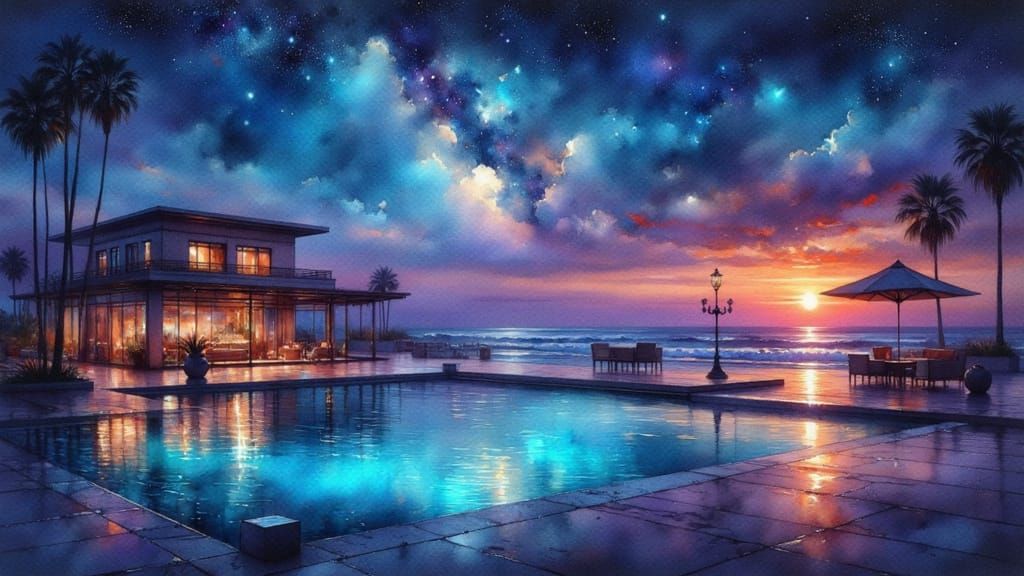 Midnight at the Desert Oasis in Vibrant Watercolor Style