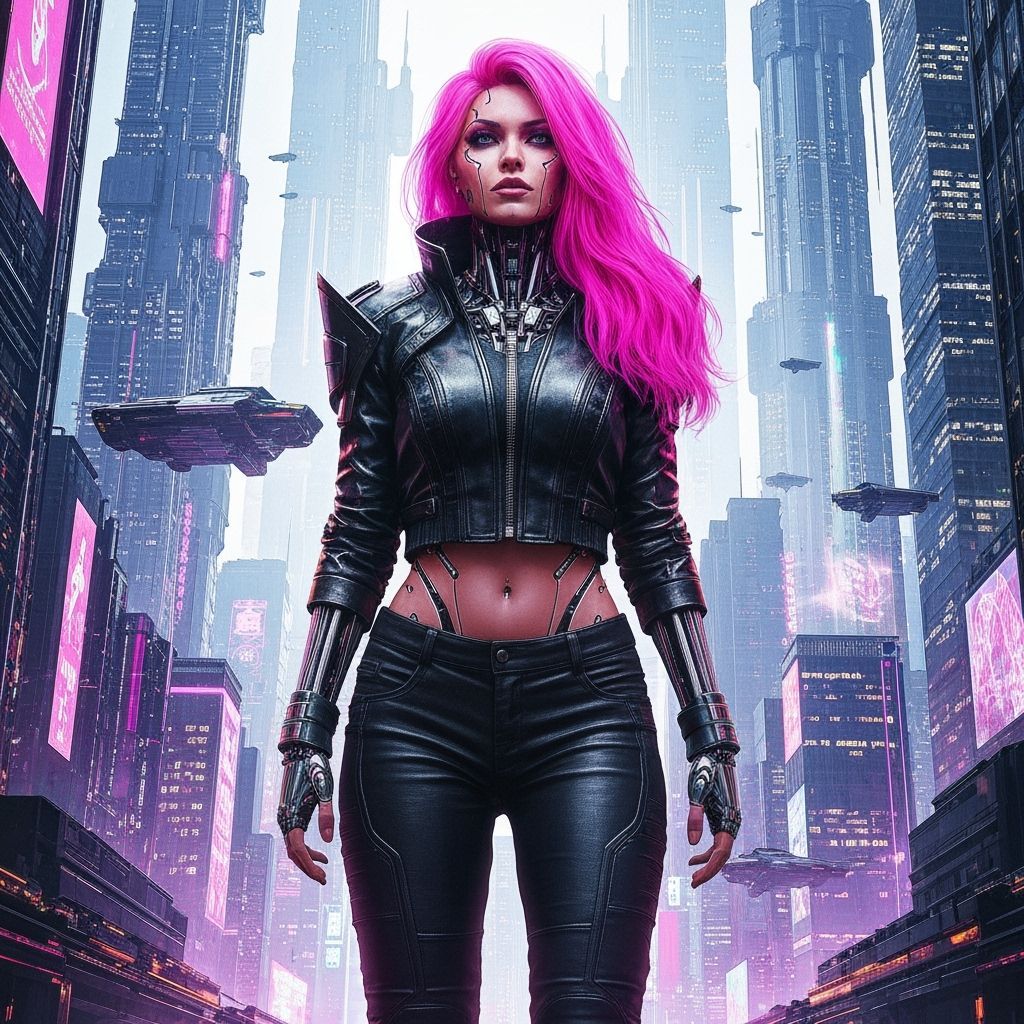 Cyberpunk Woman in Neon Cityscape, Digital Art