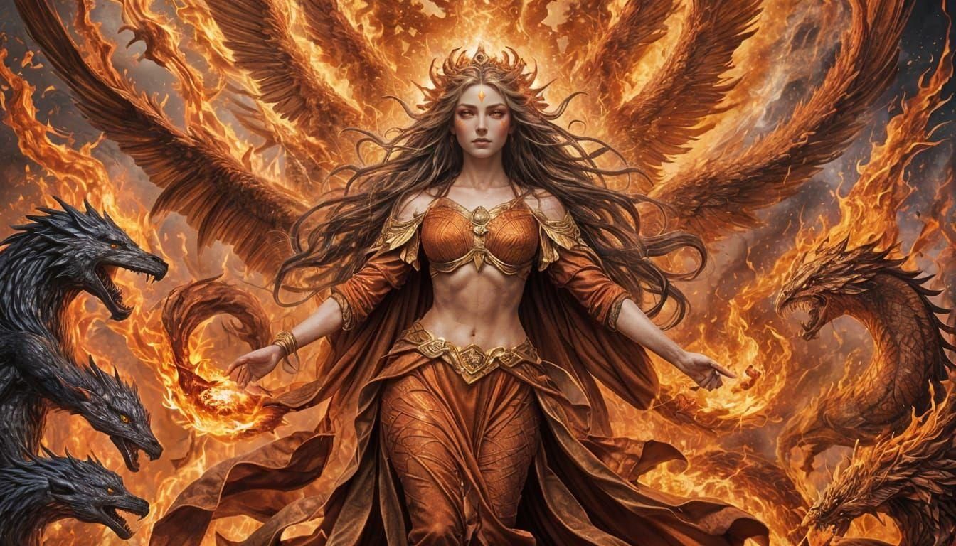 Majestic Fire Goddess in Dreamlike Landscape