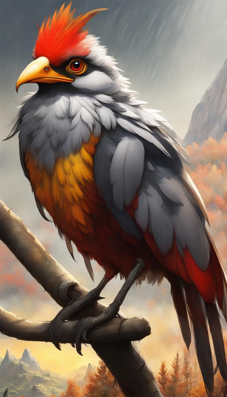 gray and red feathers on a bird, in the style of yellow and orange, northern china's terrain, distinctive noses, paul ga...