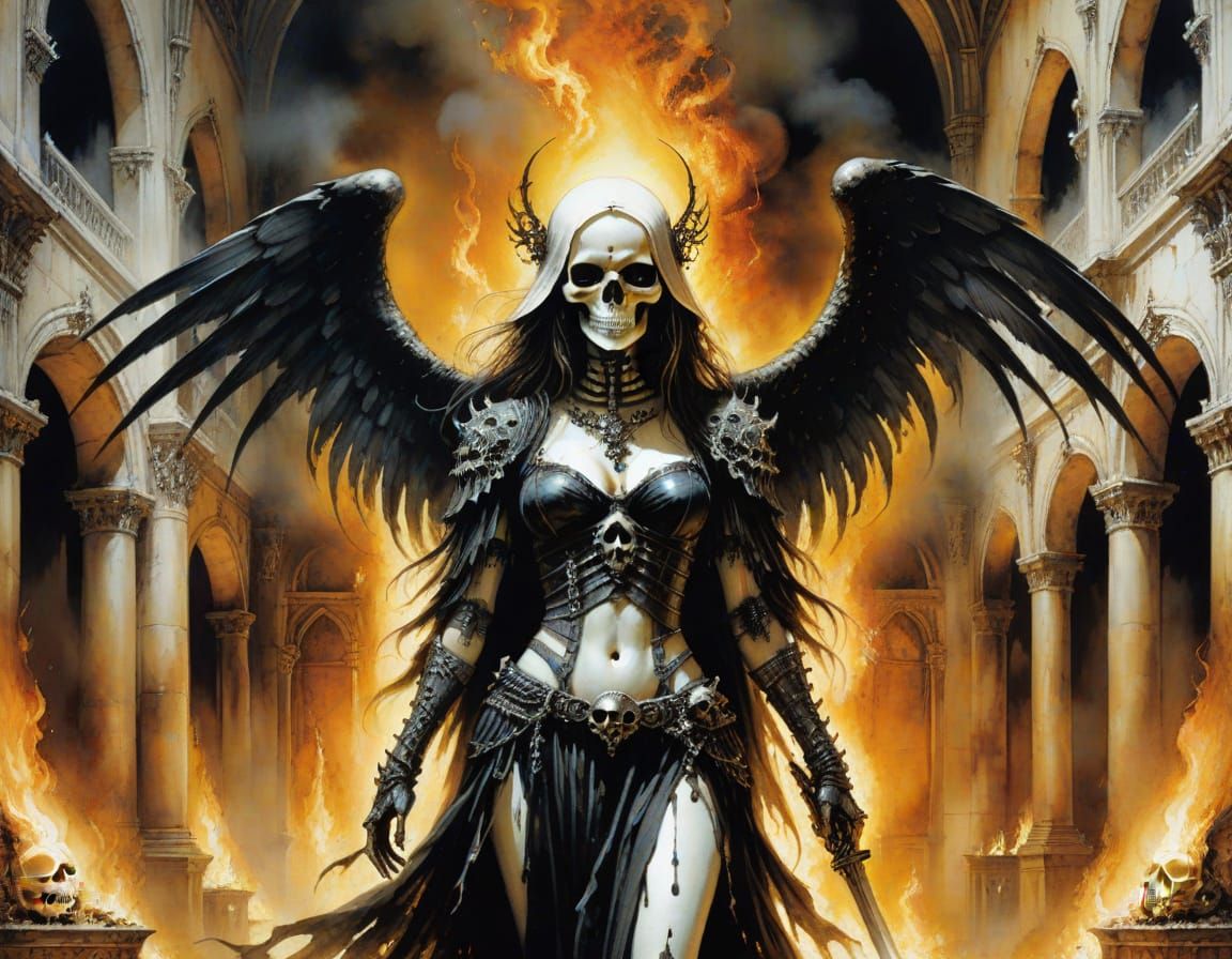 Gothic Angel of Death in a Burning Palace