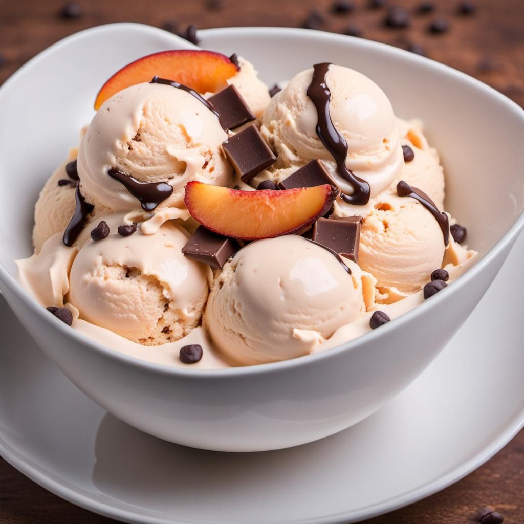 Vanilla ice cream, with Peach and Chocolate chips.