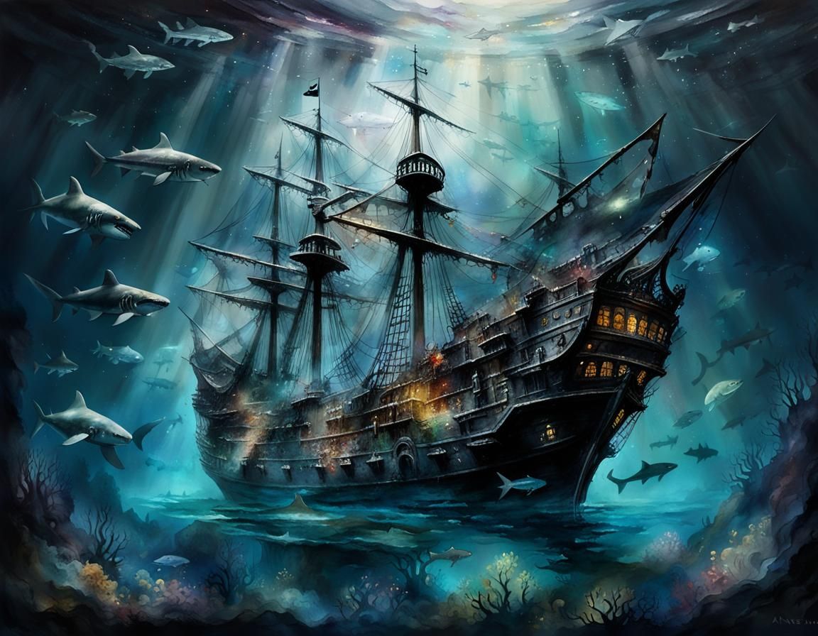 A large dark transparent see-through creepy spooky galleon with glowing ethereal white-grey highlights underwater with m...