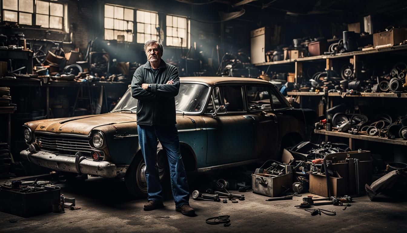 Clueless Mechanic in Dark Garage: Professional Photo