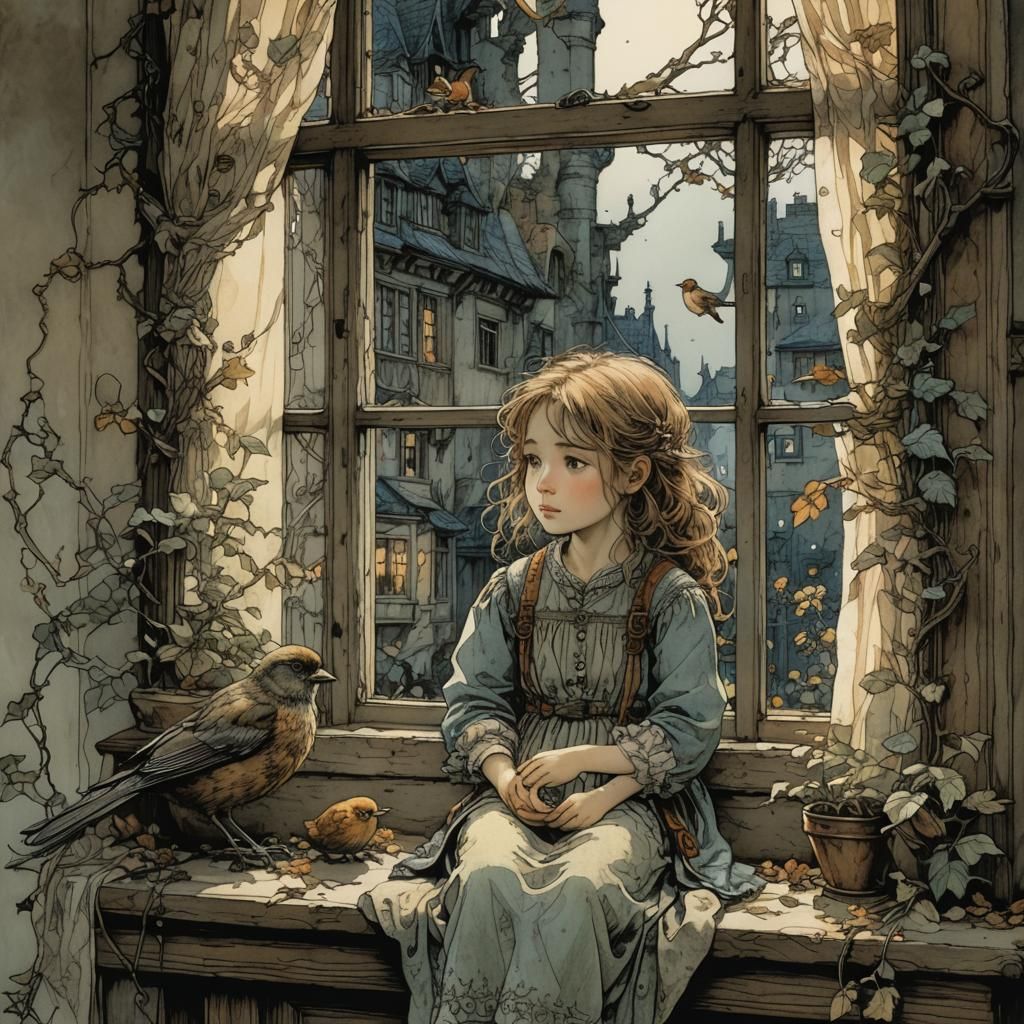 Girl, Bird, and Window: Fairytale Illustration