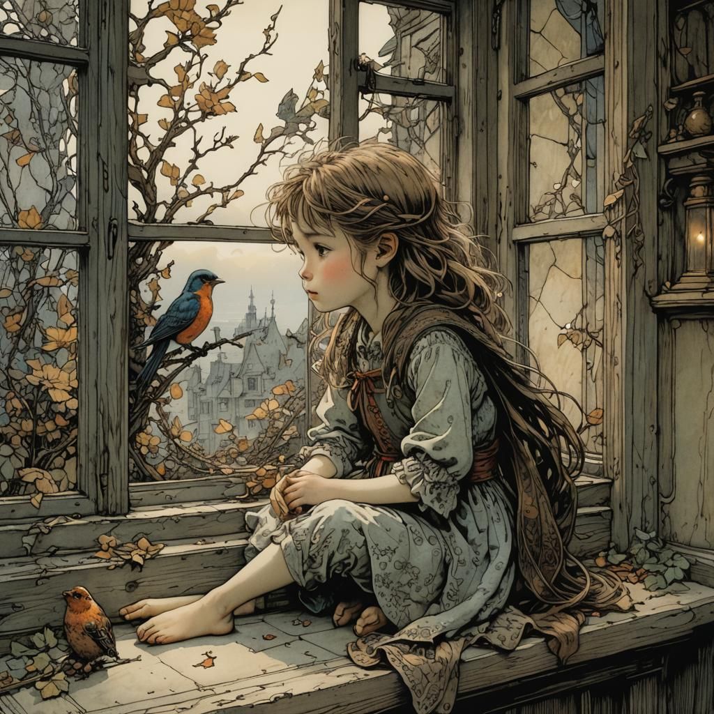 Lonely Girl Watches Bird Sing by Window