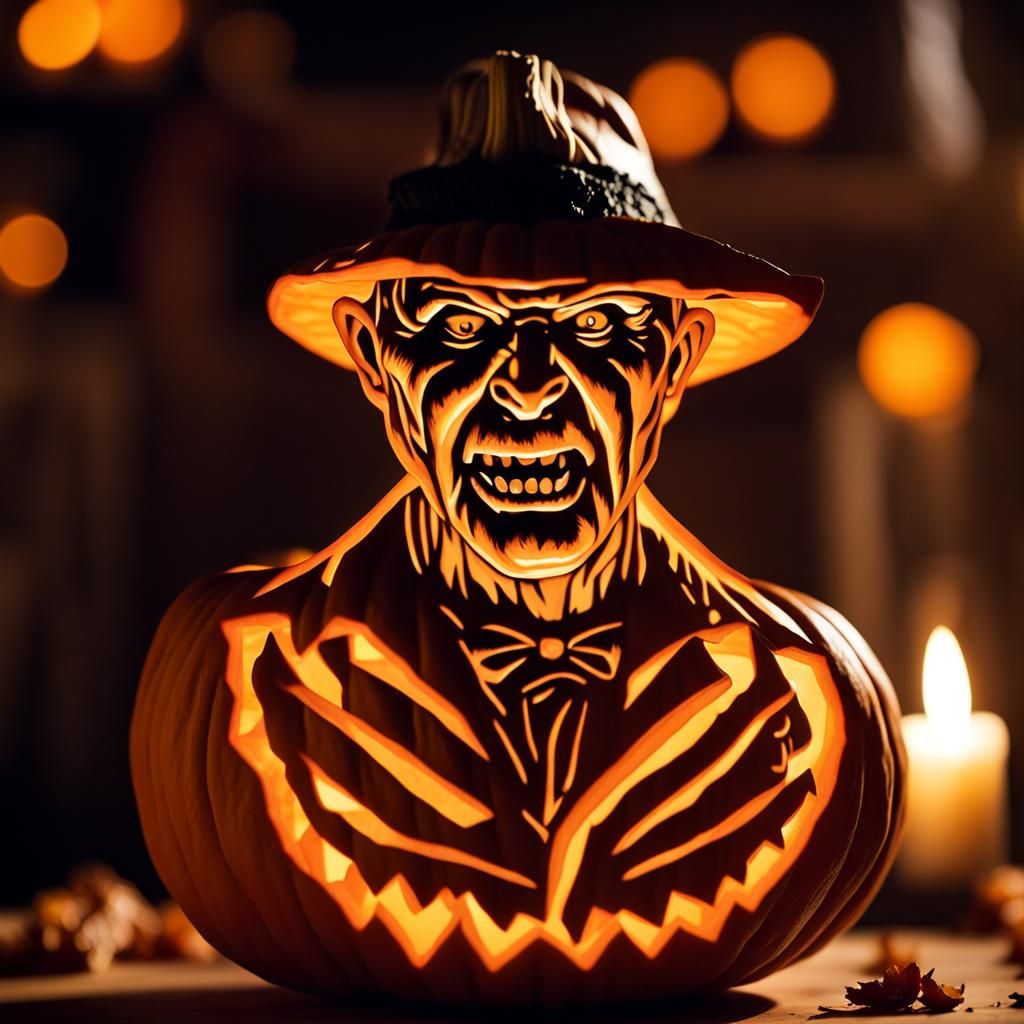 Detailed Pumpkin Carving of Freddy Krueger