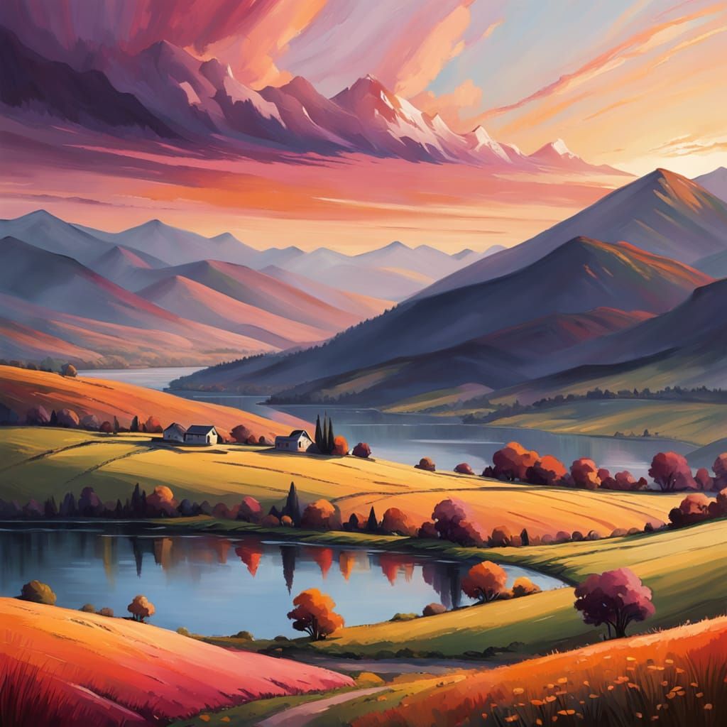 Warm Sunset Landscape in Vibrant Oil Painting Style