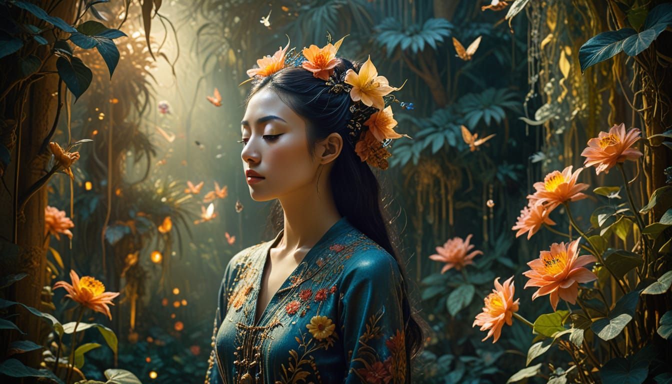 Surreal Woman in Mystical Garden with Ethereal Glow
