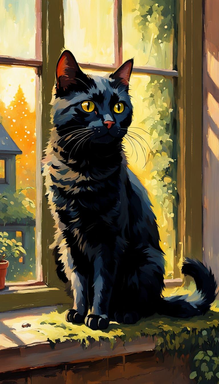 Black Cat in Tiny Coat: Impressionist Window Scene
