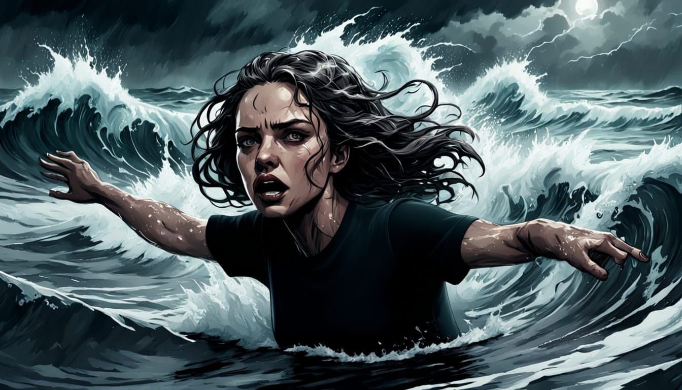 Woman Fighting Rough Seas in Dramatic Storm
