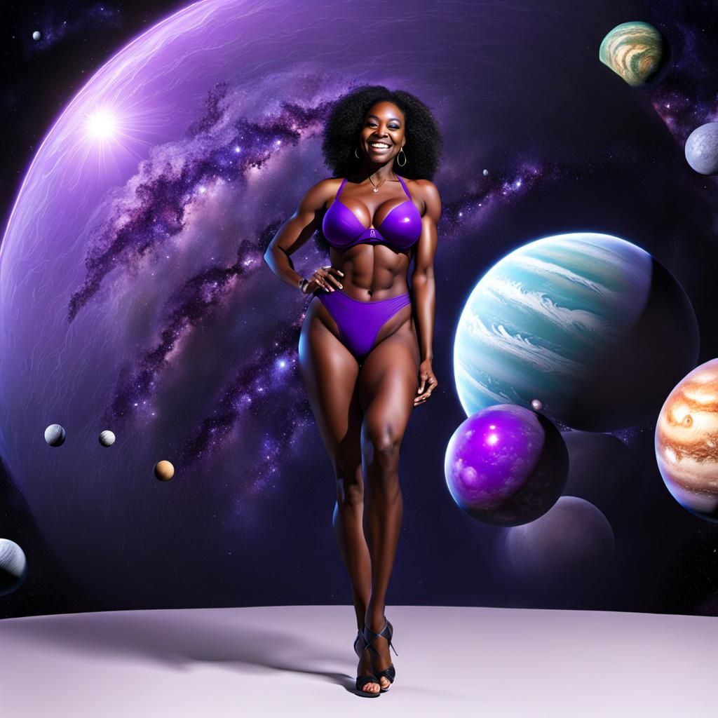 Ebony Giantess with Planets: Surreal Digital Art