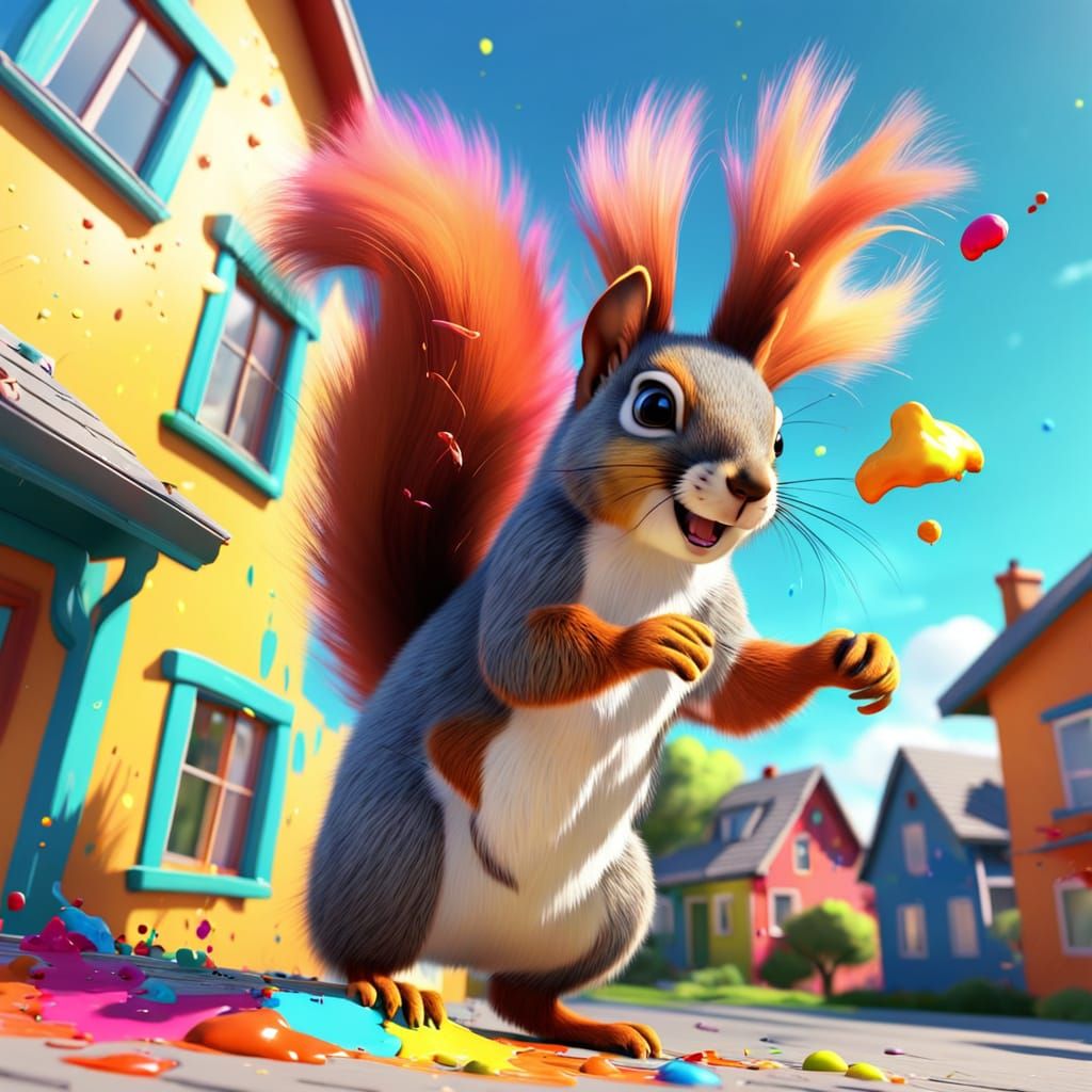 Playful Squirrel Throws Colorful Paint: 3D Cartoon Animation