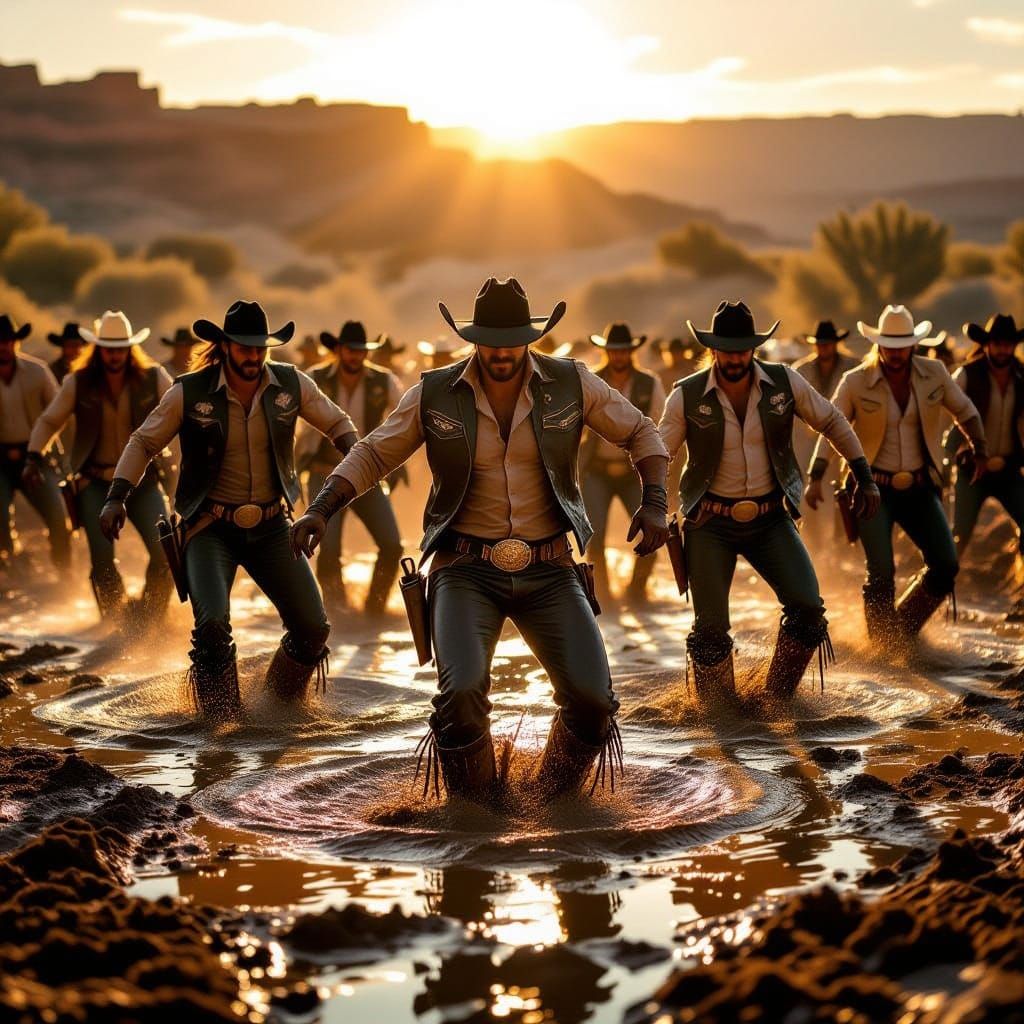 Leather Cowboys Line Dancing in Mud Pit