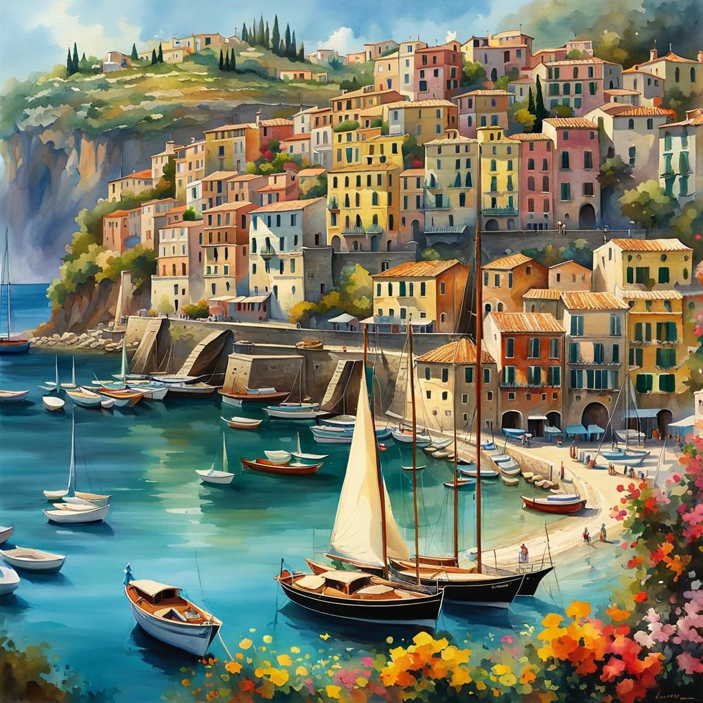Italian Harbor with Sailboats: Watercolor Impressionism