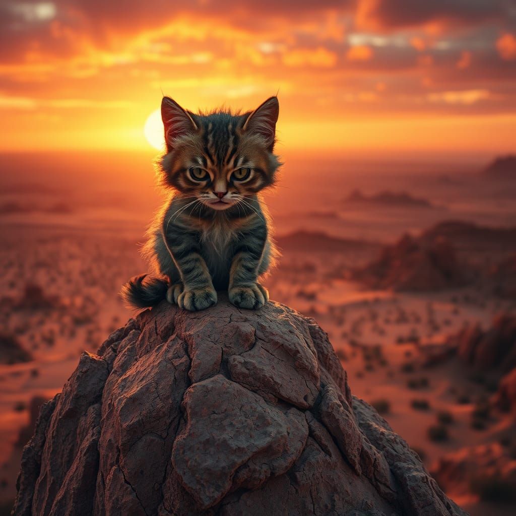 Grumpy Kitten at Desert Sunset in Hyperrealistic Style