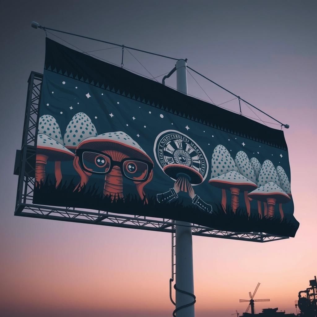 Whimsical Mushroom Linocut Print With Steam-Punk Machines