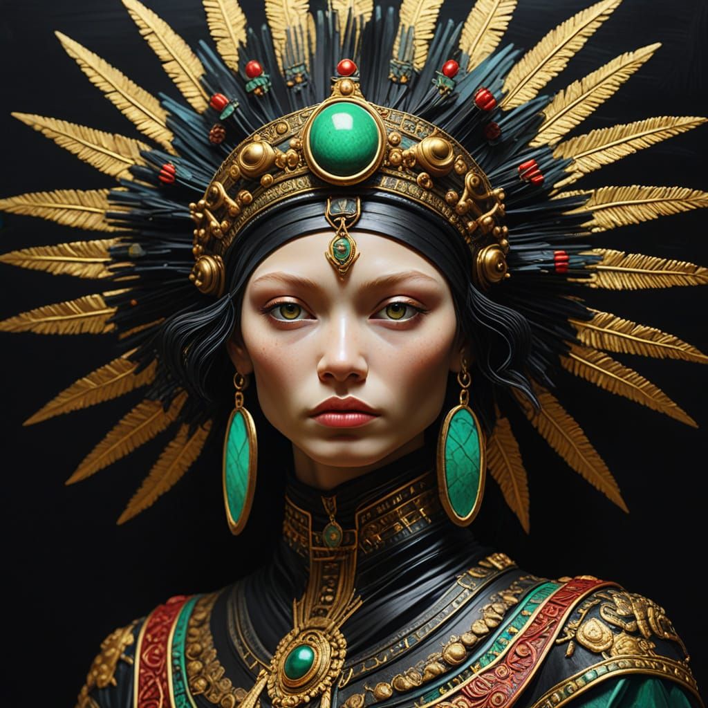 Alien Goddess in Silk War Dress, Impasto Oil Painting