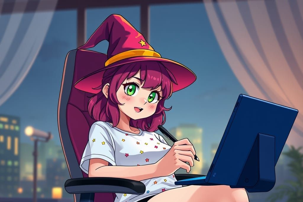 Manga-Inspired Witch Artist in Dark Evening