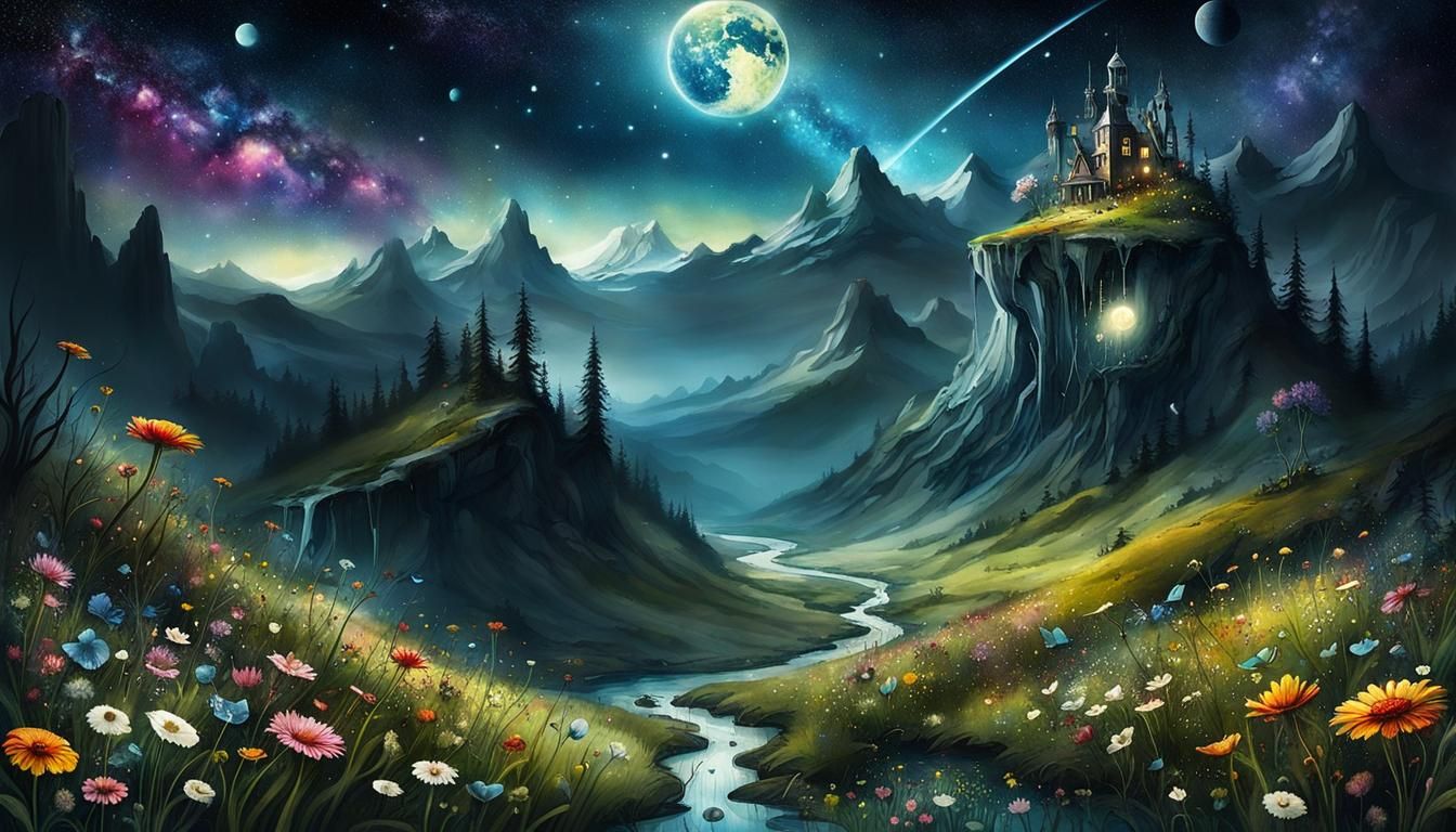 Surreal Flower Meadow Fantasy Landscape in Watercolor