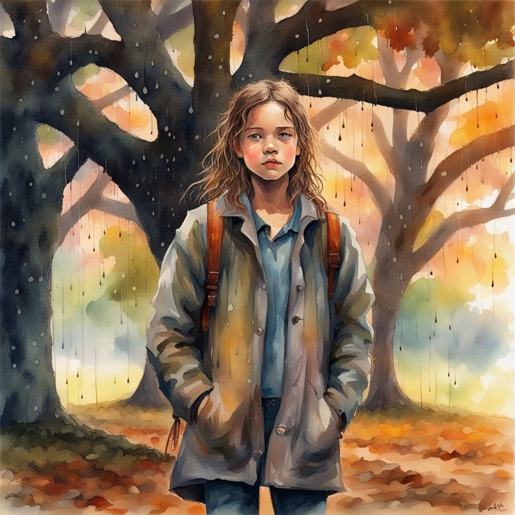 Young Girl Soaking Wet in in the Rain, Unkempt Rain Soaked Hair, Wearing Worn Out Travel Clothes, Road Weary and Tired, ...